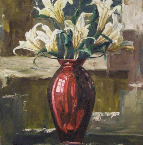 White Lilies, Red Vase